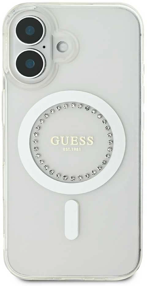 Guess GUHMP16SPFTDTEH Apple iPhone 16 6.1″ baltos spalvos kietas dėklas IML Rhinestones MagSafe