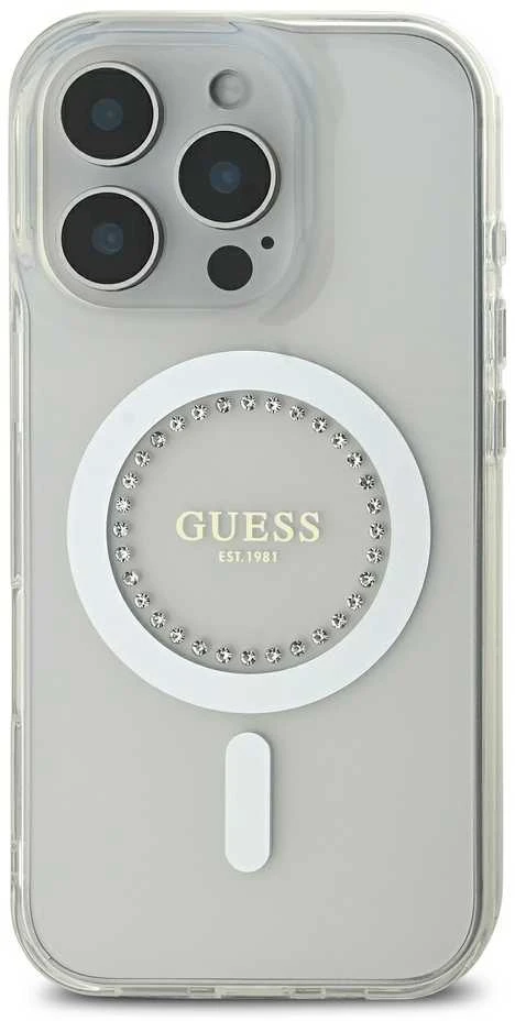 Guess GUHMP16LPFTDTEH Apple iPhone 16 Pro 6.3″ baltos spalvos kietas dėklas IML Rhinestones MagSafe