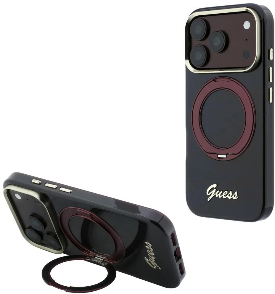 Guess IML Ring Stand 360 Script Metal Logo MagSafe dėklas, skirtas iPhone 18 Pro / 17 Pro, bordo spalvos