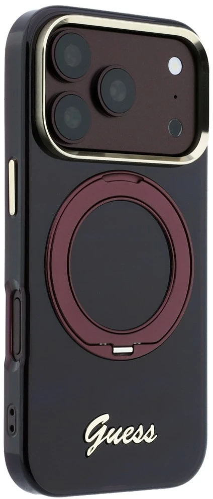Guess IML Ring Stand 360 Script Metal Logo MagSafe dėklas, skirtas iPhone 18 Pro / 17 Pro, bordo spalvos