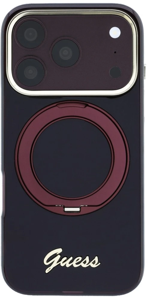 Guess IML Ring Stand 360 Script Metal Logo MagSafe dėklas, skirtas iPhone 18 Pro / 17 Pro, bordo spalvos