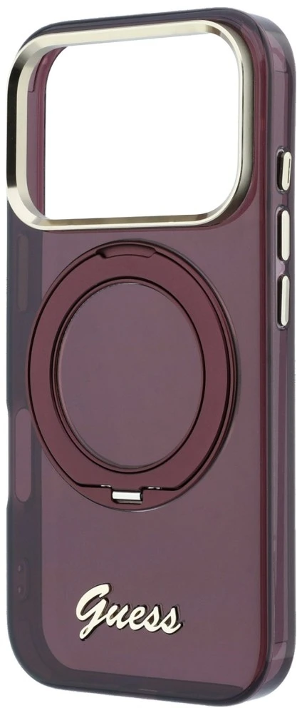 Guess IML Ring Stand 360 Script Metal Logo MagSafe dėklas, skirtas iPhone 18 Pro / 17 Pro, bordo spalvos