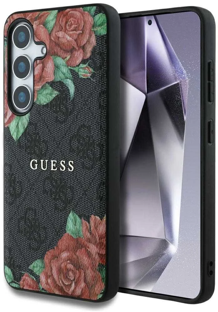 Guess Leather 4G Flowers Print Metal Classic Logo MagSafe Samsung Galaxy S25 dėklas juodos spalvos