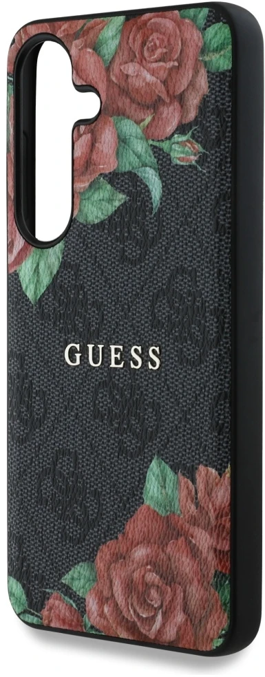 Guess Leather 4G Flowers Print Metal Classic Logo MagSafe Samsung Galaxy S25 dėklas juodos spalvos