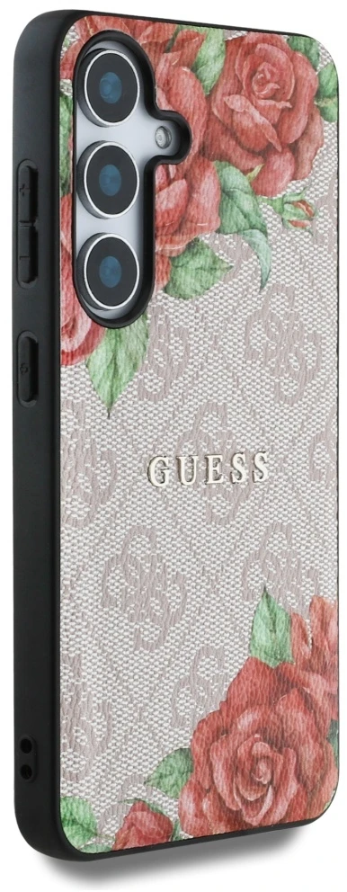 Guess Leather 4G Flowers Print Metal Classic Logo MagSafe Samsung Galaxy S25 dėklas rožinės spalvos