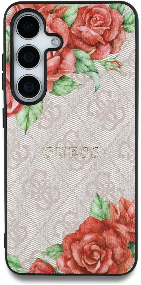 Guess Leather 4G Flowers Print Metal Classic Logo MagSafe Samsung Galaxy S25 dėklas rožinės spalvos