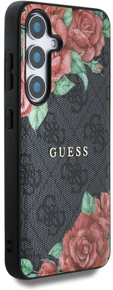 Guess Leather 4G Flowers Print Metal Classic Logo MagSafe Samsung Galaxy S25 dėklas juodos spalvos