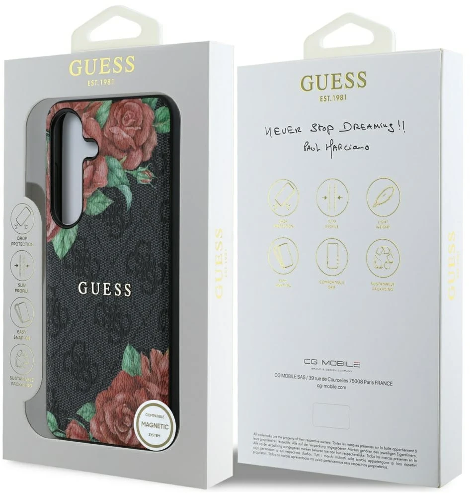 Guess Leather 4G Flowers Print Metal Classic Logo MagSafe Samsung Galaxy S25 dėklas juodos spalvos