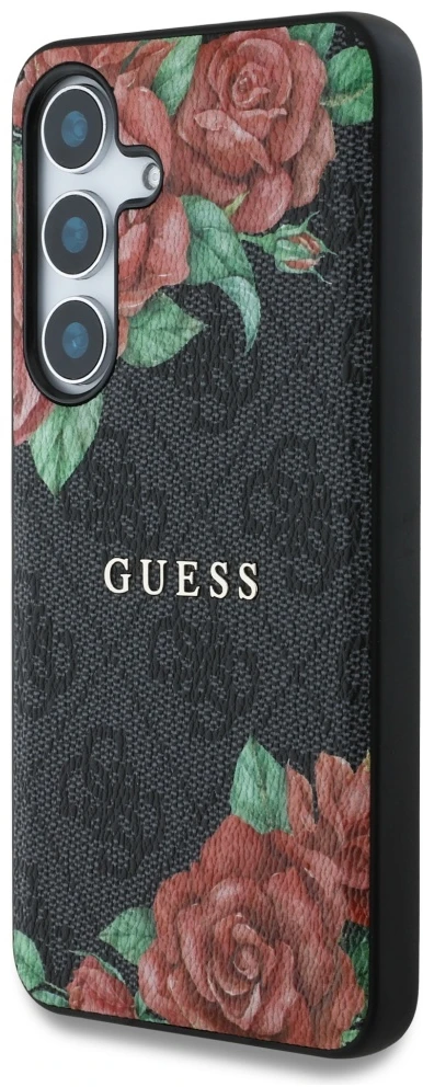 Guess Leather 4G Flowers Print Metal Classic Logo MagSafe Samsung Galaxy S25 dėklas juodos spalvos
