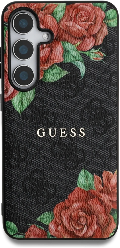 Guess Leather 4G Flowers Print Metal Classic Logo MagSafe Samsung Galaxy S25 dėklas juodos spalvos