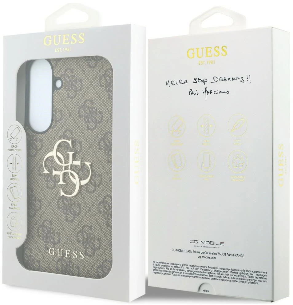 Guess Leather 4G Metal Logo dėklas, skirtas Samsung Galaxy S26 FE, rudas