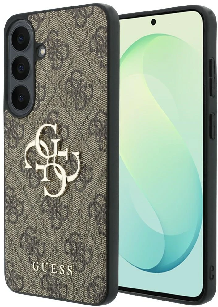 Guess Leather 4G Metal Logo dėklas, skirtas Samsung Galaxy S26 FE, rudas