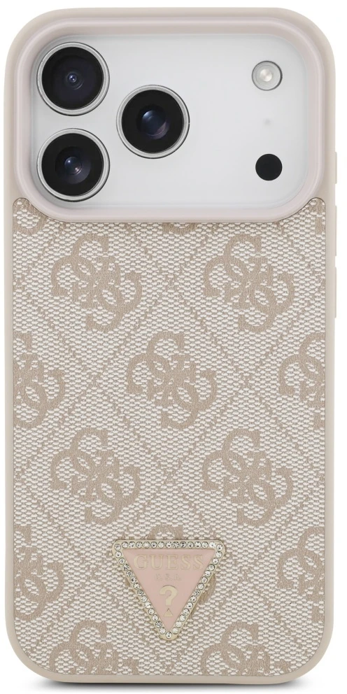 Guess Leather 4G Triangle Strass MagSafe dėklas Apple iPhone 17 Pro rožinės spalvos