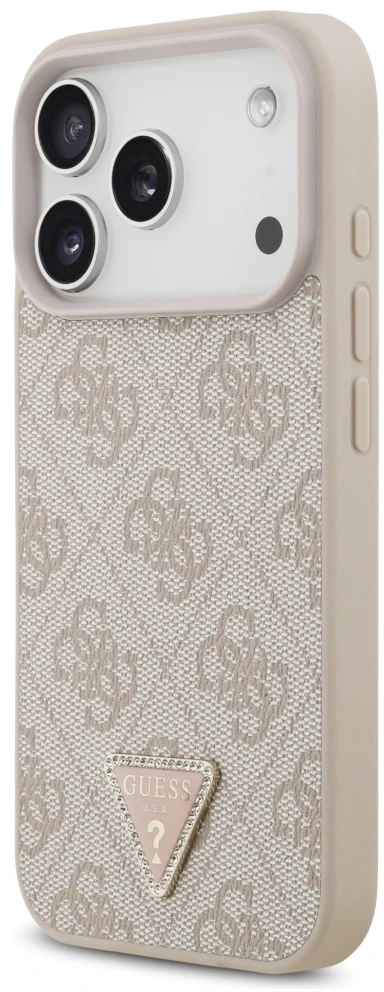 Guess Leather 4G Triangle Strass MagSafe dėklas Apple iPhone 17 Pro rožinės spalvos