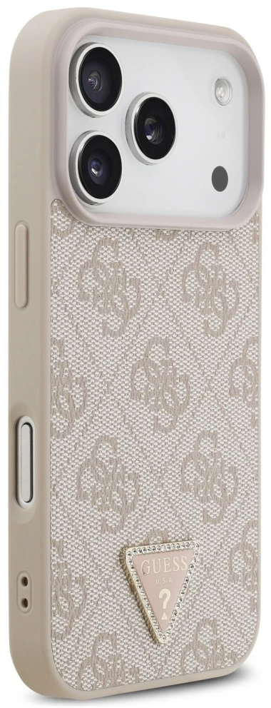 Guess Leather 4G Triangle Strass MagSafe dėklas Apple iPhone 17 Pro rožinės spalvos