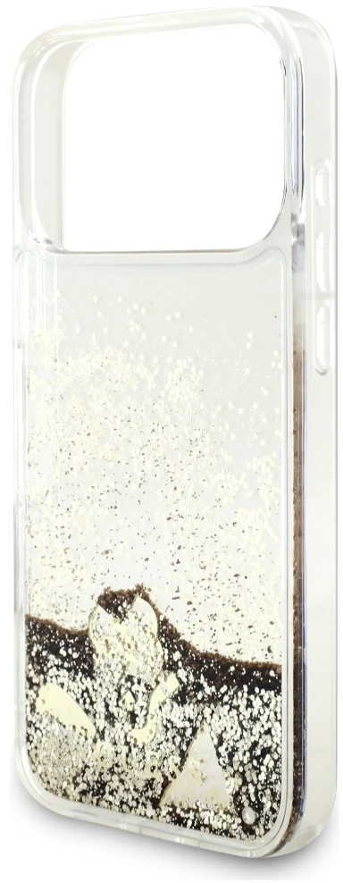 Guess Liquid Glitter 4G Charms dėklas, skirtas iPhone 18 Pro Max / 17 Pro Max, auksinis
