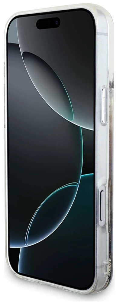 Guess Liquid Glitter 4G Charms dėklas, skirtas iPhone 18 Pro Max / 17 Pro Max, auksinis