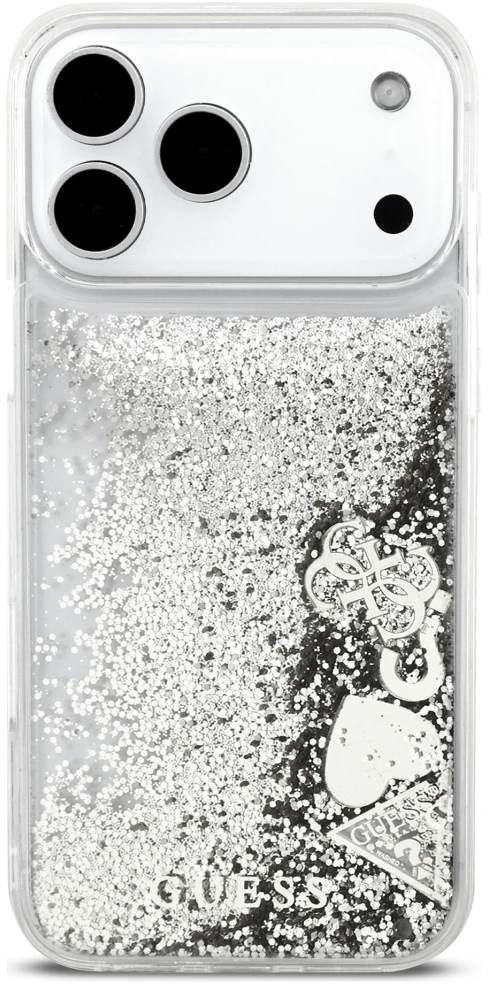Guess Liquid Glitter 4G Charms dėklas, skirtas iPhone 18 Pro / 17 Pro, sidabrinis
