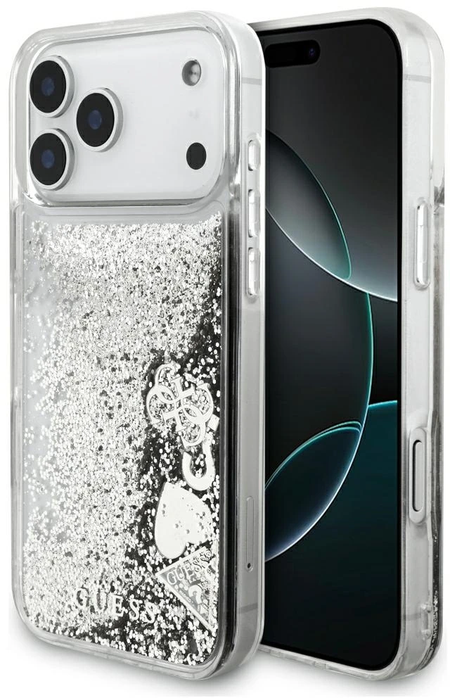 Guess Liquid Glitter 4G Charms dėklas, skirtas iPhone 18 Pro Max / 17 Pro Max, sidabrinis