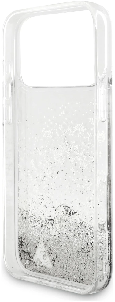 Guess Liquid Glitter 4G Charms dėklas, skirtas iPhone 18 Pro / 17 Pro, sidabrinis