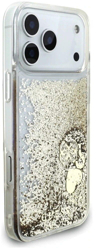 Guess Liquid Glitter 4G Charms dėklas, skirtas iPhone 18 Pro Max / 17 Pro Max, auksinis