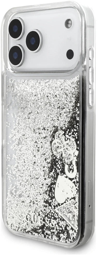 Guess Liquid Glitter 4G Charms dėklas, skirtas iPhone 18 Pro / 17 Pro, sidabrinis