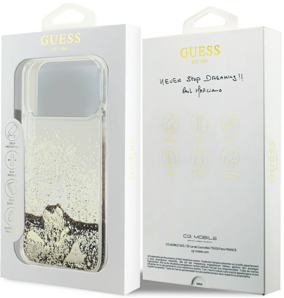 Guess Liquid Glitter 4G Charms dėklas, skirtas iPhone 18 Pro Max / 17 Pro Max, auksinis