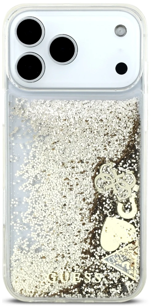 Guess Liquid Glitter 4G Charms dėklas, skirtas iPhone 18 Pro / 17 Pro, auksinis