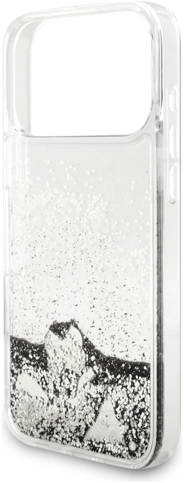 Guess Liquid Glitter 4G Charms dėklas, skirtas iPhone 18 Pro / 17 Pro, sidabrinis