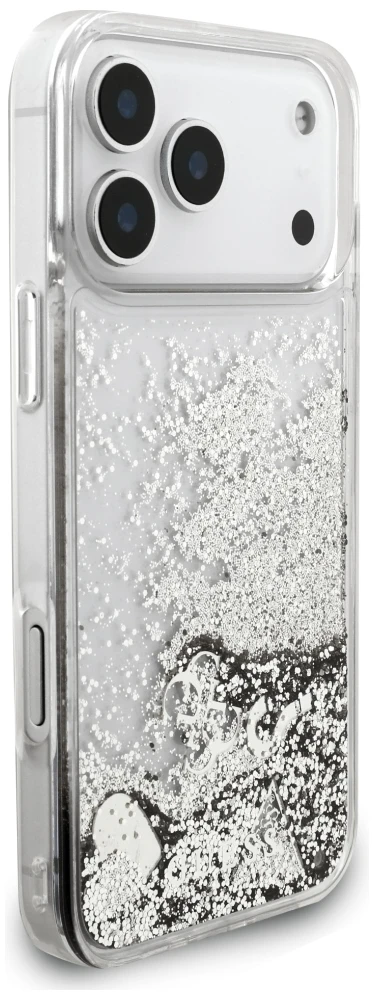Guess Liquid Glitter 4G Charms dėklas, skirtas iPhone 18 Pro / 17 Pro, sidabrinis