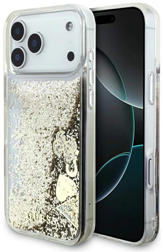 Guess Liquid Glitter 4G Charms dėklas, skirtas iPhone 18 Pro / 17 Pro, auksinis