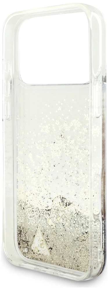 Guess Liquid Glitter 4G Charms dėklas, skirtas iPhone 18 Pro Max / 17 Pro Max, auksinis