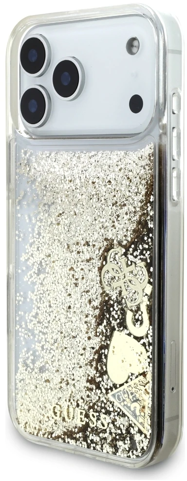 Guess Liquid Glitter 4G Charms dėklas, skirtas iPhone 18 Pro Max / 17 Pro Max, auksinis