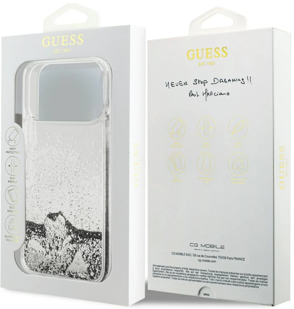 Guess Liquid Glitter 4G Charms dėklas, skirtas iPhone 18 Pro / 17 Pro, sidabrinis