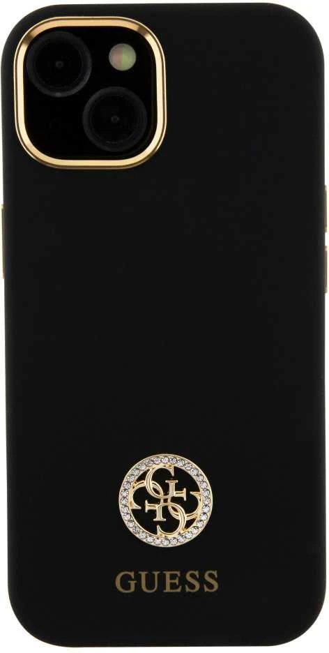 Guess GUHCP15SM4DGPK Apple iPhone 15 / 14 / 13 6.1″juodos spalvos kietas dėklas Silicone Logo Strass 4G