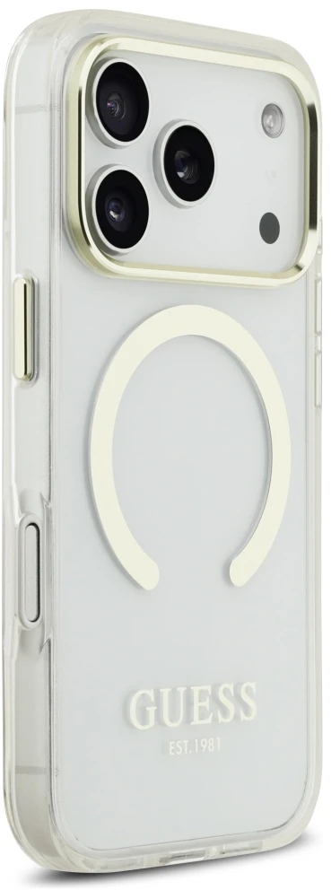 Guess Metal Outline MagSafe dėklas, skirtas iPhone 18 Pro / 17 Pro, auksinis