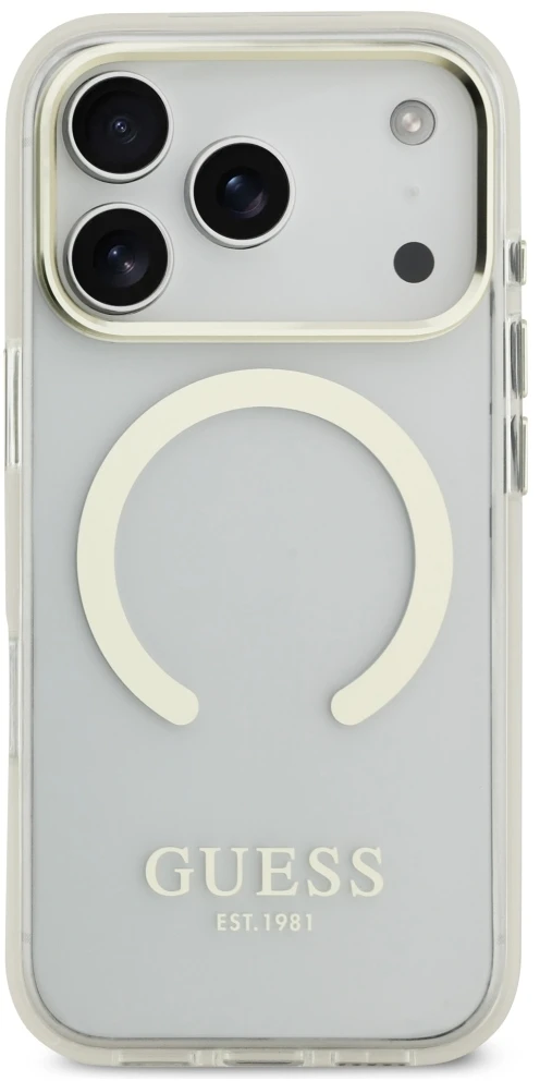 Guess Metal Outline MagSafe dėklas, skirtas iPhone 18 Pro / 17 Pro, auksinis