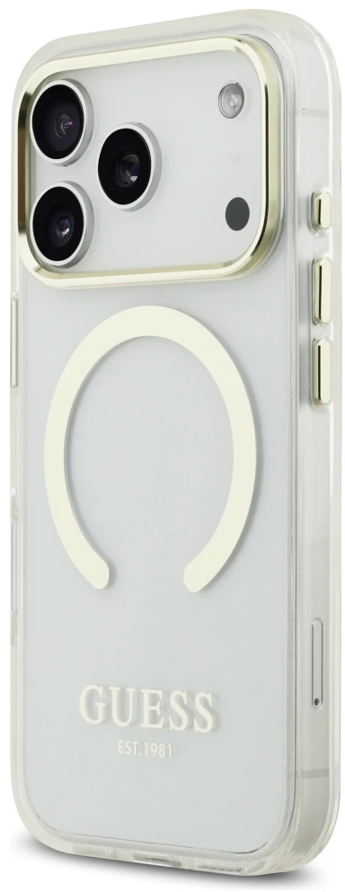 Guess Metal Outline MagSafe dėklas, skirtas iPhone 18 Pro / 17 Pro, auksinis