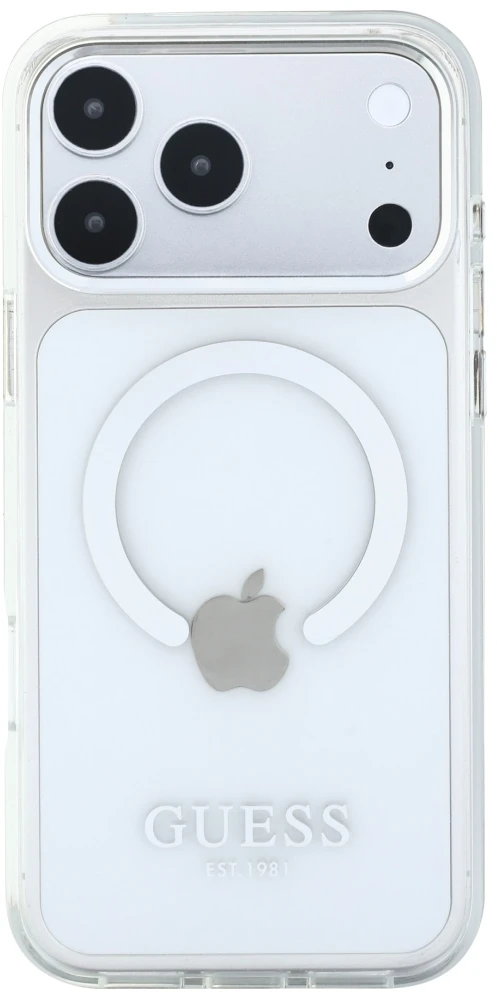 Guess Metal Outline MagSafe dėklas, skirtas iPhone 18 Pro Max / 17 Pro Max, sidabrinis