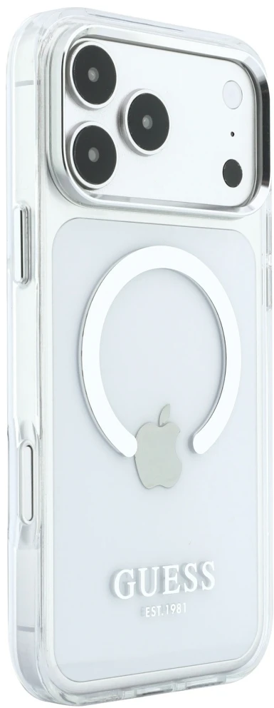 Guess Metal Outline MagSafe dėklas, skirtas iPhone 18 Pro Max / 17 Pro Max, sidabrinis