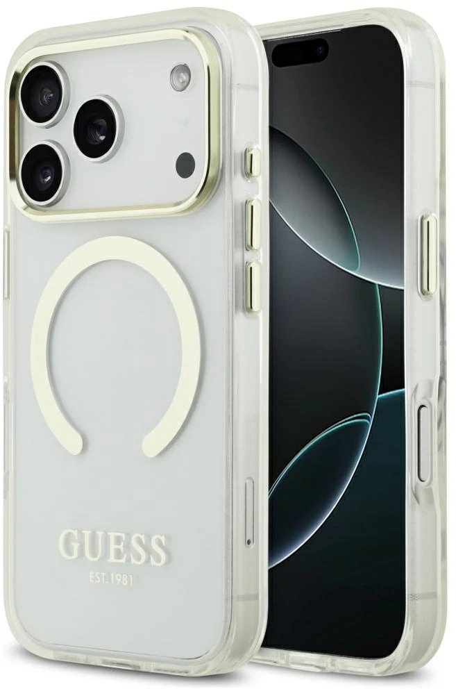Guess Metal Outline MagSafe dėklas, skirtas iPhone 18 Pro / 17 Pro, auksinis