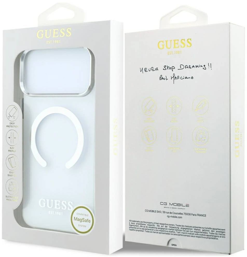Guess Metal Outline MagSafe dėklas, skirtas iPhone 18 Pro Max / 17 Pro Max, sidabrinis