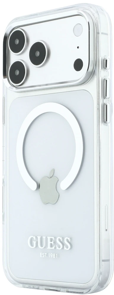 Guess Metal Outline MagSafe dėklas, skirtas iPhone 18 Pro Max / 17 Pro Max, sidabrinis