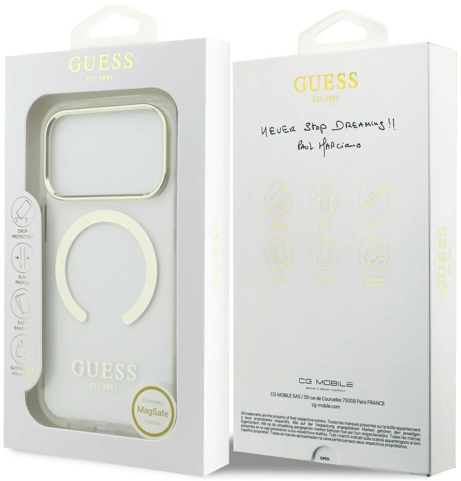 Guess Metal Outline MagSafe dėklas, skirtas iPhone 18 Pro / 17 Pro, auksinis