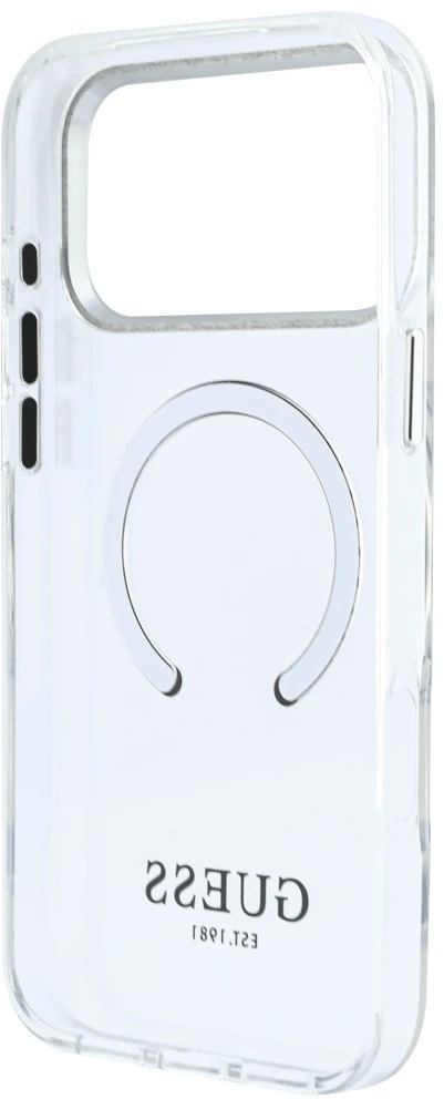 Guess Metal Outline MagSafe dėklas, skirtas iPhone 18 Pro Max / 17 Pro Max, sidabrinis