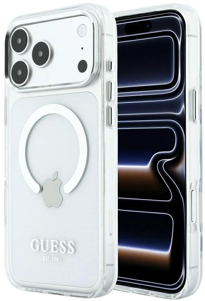 Guess Metal Outline MagSafe dėklas, skirtas iPhone 18 Pro Max / 17 Pro Max, sidabrinis