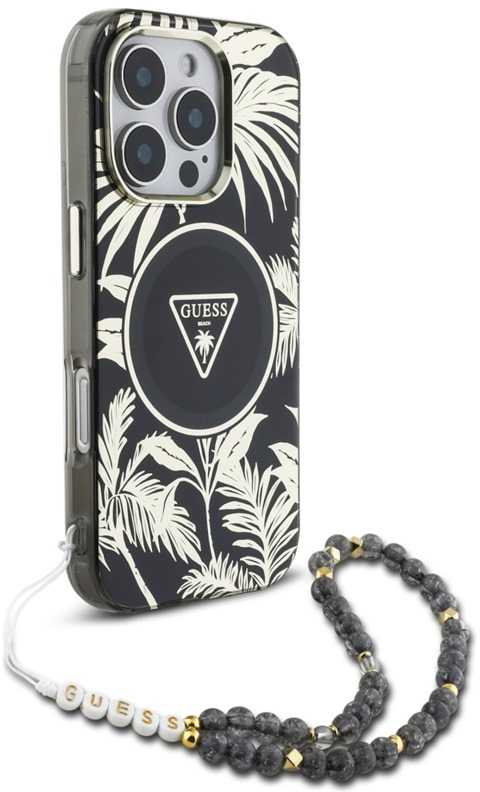 Guess Palm Trees Triangle Pearl Strap MagSafe - dėklas skirtas Apple iPhone 16 Pro juodas