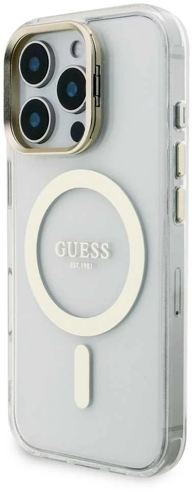 „Guess“ PC/TPU galvanizuoto stovo kameros rėmelis „MagSafe“ dėklas su keičiamais fonais, skirtas „Apple iPhone 16 Pro“