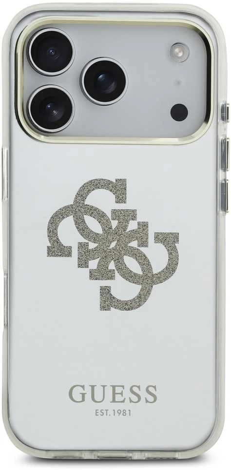 Guess PC/TPU Mirror 4G Glitter Logo MagSafe dėklas skirtas Apple iPhone 17 Pro Max Gold