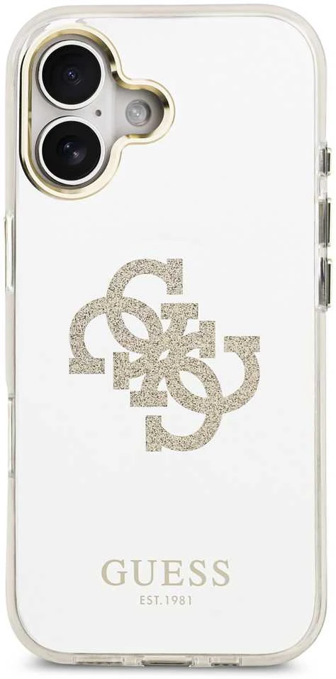 Guess PC/TPU Mirror 4G Glitter Logo MagSafe dėklas skirtas Apple iPhone 17 auksos spalvos
